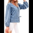 thumbnail image 1 of Blusa Vaquera con Cuello en V y Mangas Largas Abullonadas con Lazo Frontal para Mujer, Ideal para Salir de Verano Azul Pavo Real M, 1 of 8