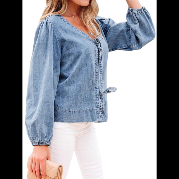 Blusa Vaquera con Cuello en V y Mangas Largas Abullonadas con Lazo Frontal para Mujer, Ideal para Salir de Verano Azul Pavo Real S