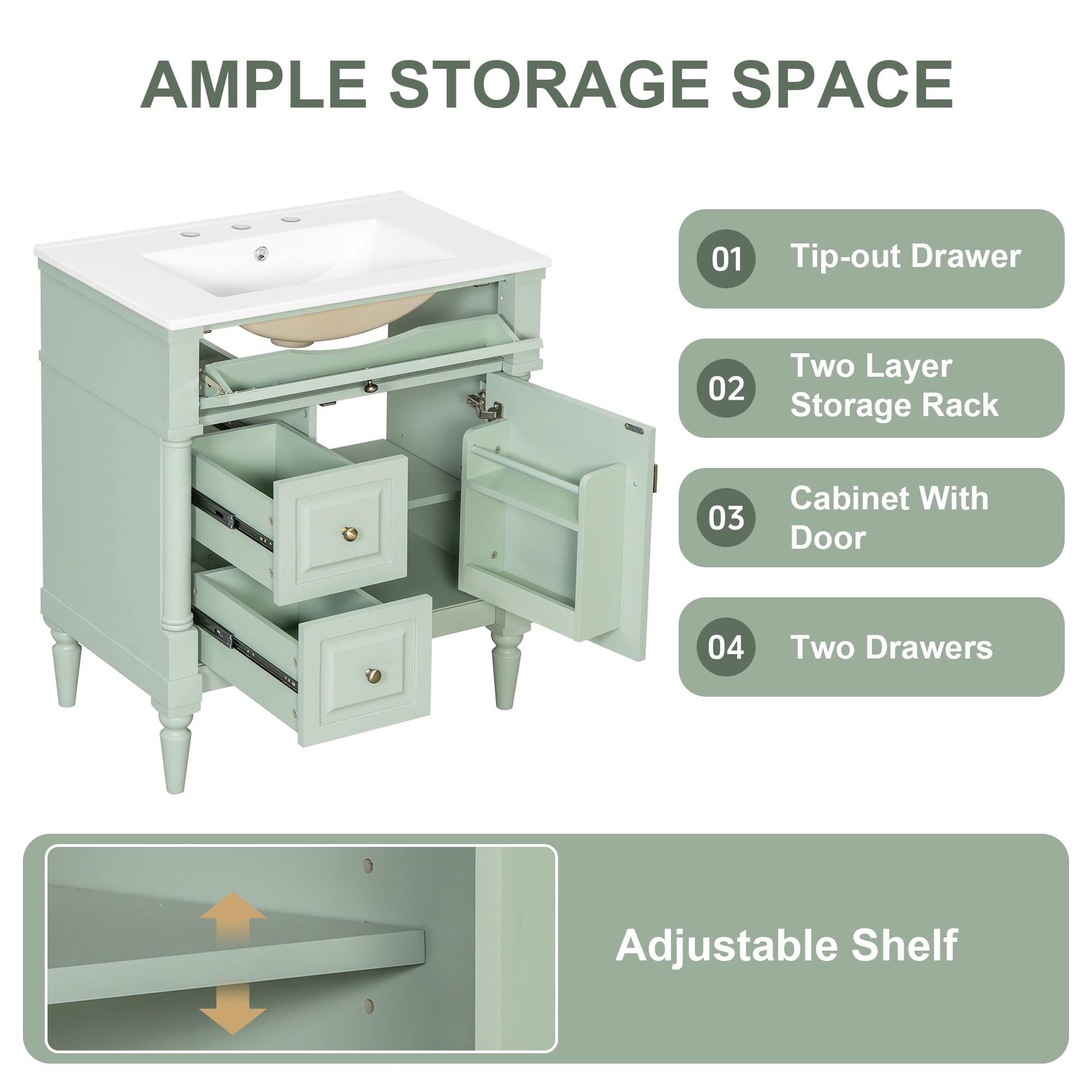 Euroco 30" Bathroom Vanity with Sink, Green Freestanding Bathroom Cabinet with Flip Drawer & Adjustable Shelf, Solid Rubberwood Frame, MDF Panels & Metal Handles