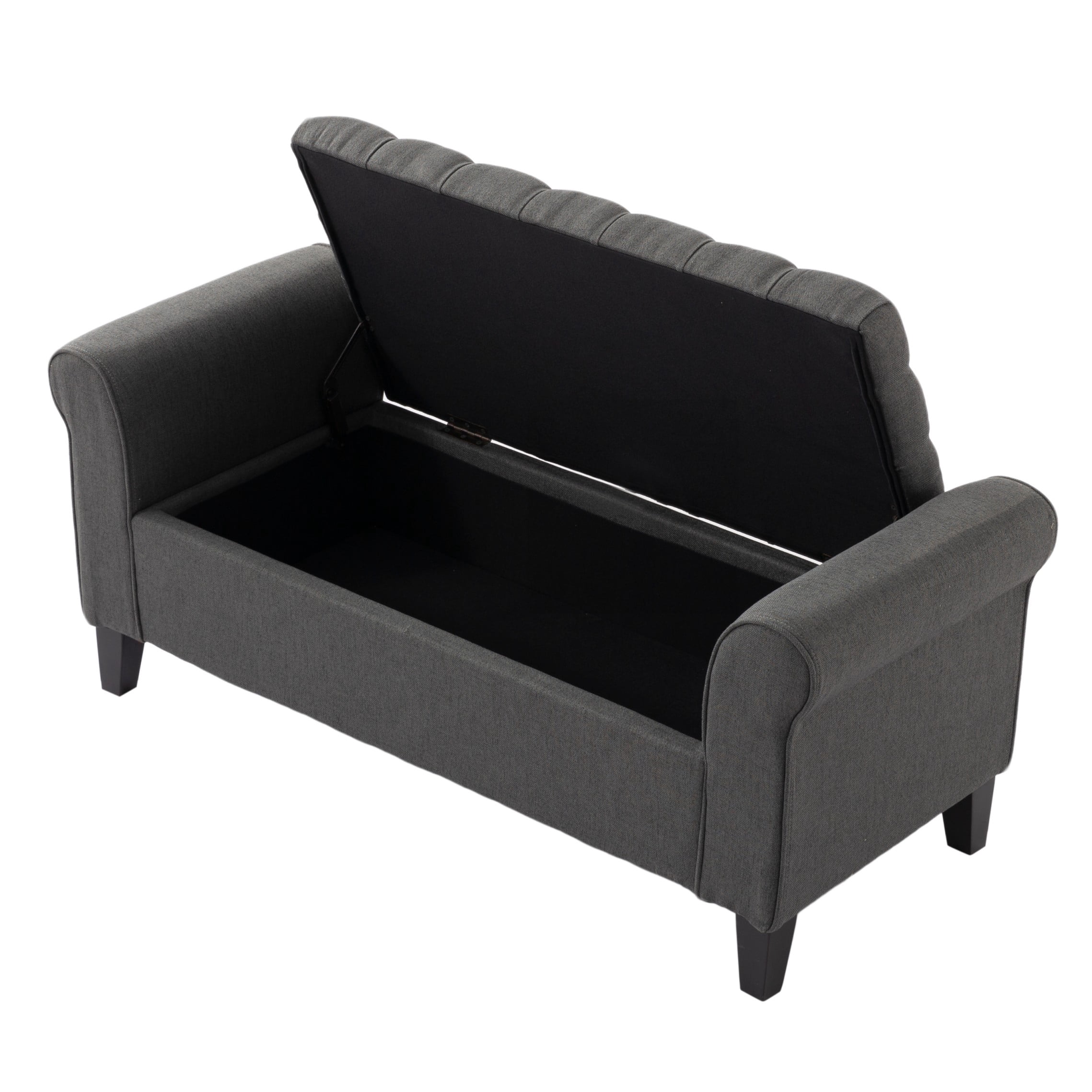 BSHTI 50" Flip Top Storage Bench with Tufted Cushion & Rolled Armrests – Solid Wood Frame, Hidden Storage Compartment, Tapered Legs – For Entryway, Bedroom, Living Room,Dark Grey