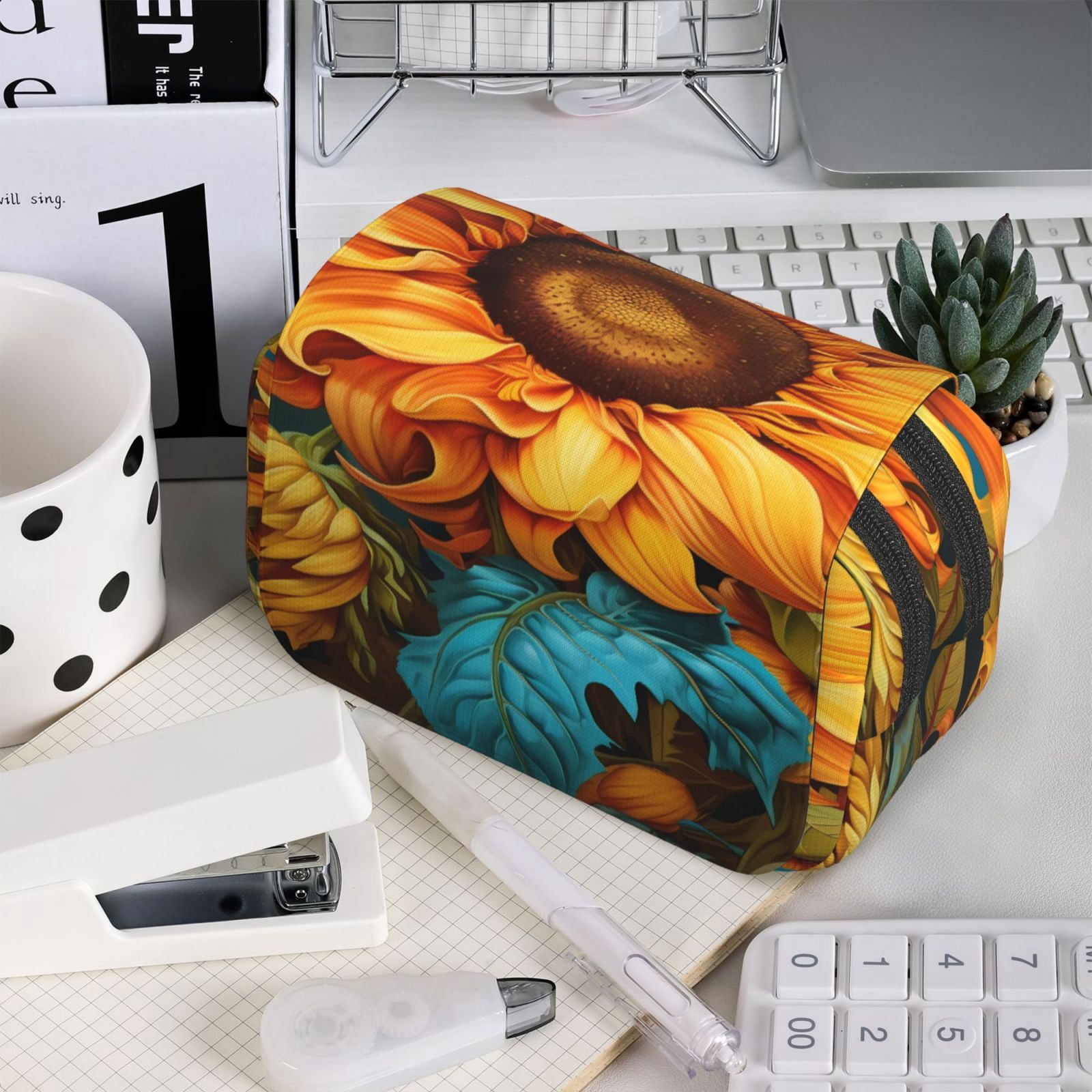 Rateoe Deep Yellow Colorful Sunflower Pattern Double Clamshell Pen Case, Storage Organizer with Two Zipper Compartments– Holds Up to 50 Pencils & Pens