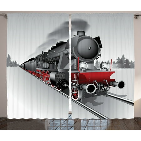 Steam Engine Curtains 2 Panels Set Locomotive Red Black Train