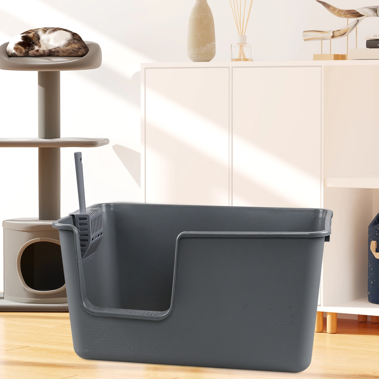 Qskely 4-Pack Large Open High Sided Cat Litter Box, Anti-Splashing Kitty Litter Box with Scoop, Gray