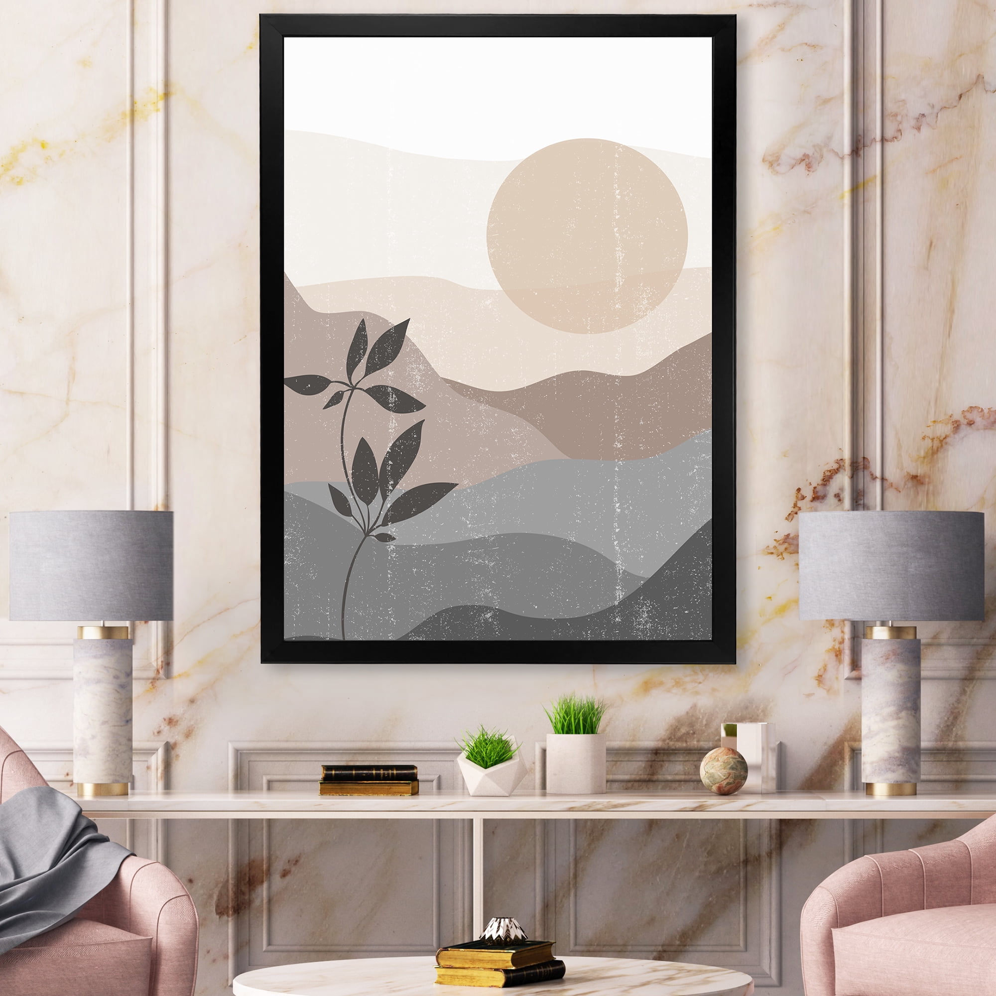 Designart 'Minimalist Sunset Over Mountain Landscape' Modern Framed Art Print