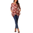 thumbnail image 2 of Tops de túnica floral con cuello redondo y mangas 3/4 de INSPIRE CHIC en rojo vino XL, 2 of 5