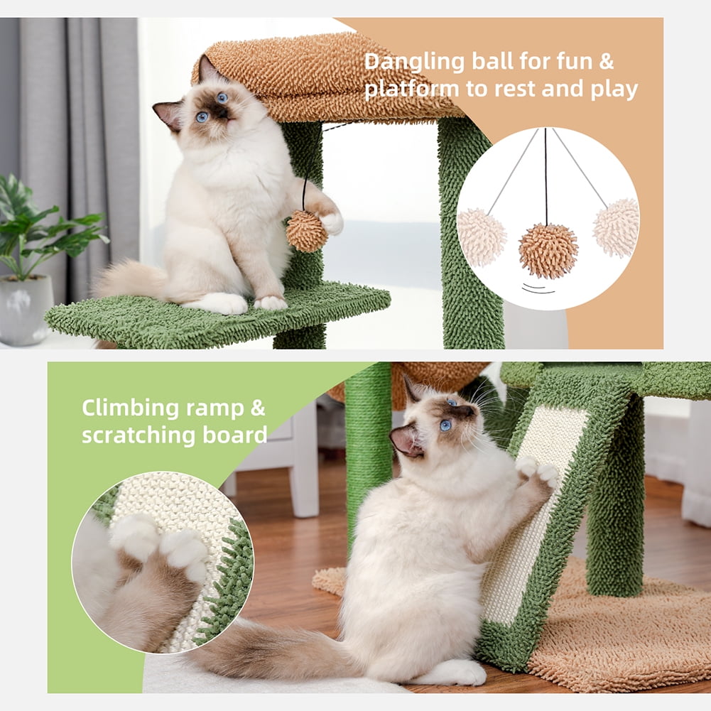 Kadyn Cactus Cat Tree, Cat Tower with Plush Perch &Soft Hammock, Cat Climbing Stand for Indoor Cats, Green+Brown