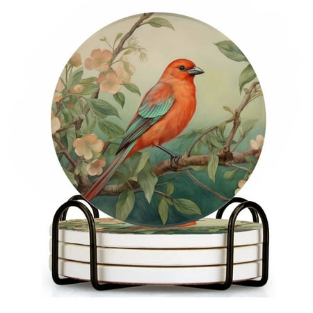 

BaHomeck Drink Coasters Set of 4 with Holder vivid red superb starling sitting on apple tree branch Water Absorbent Ceramic Coasters Tabletop Protection Suitable for Various Cup Home Decor
