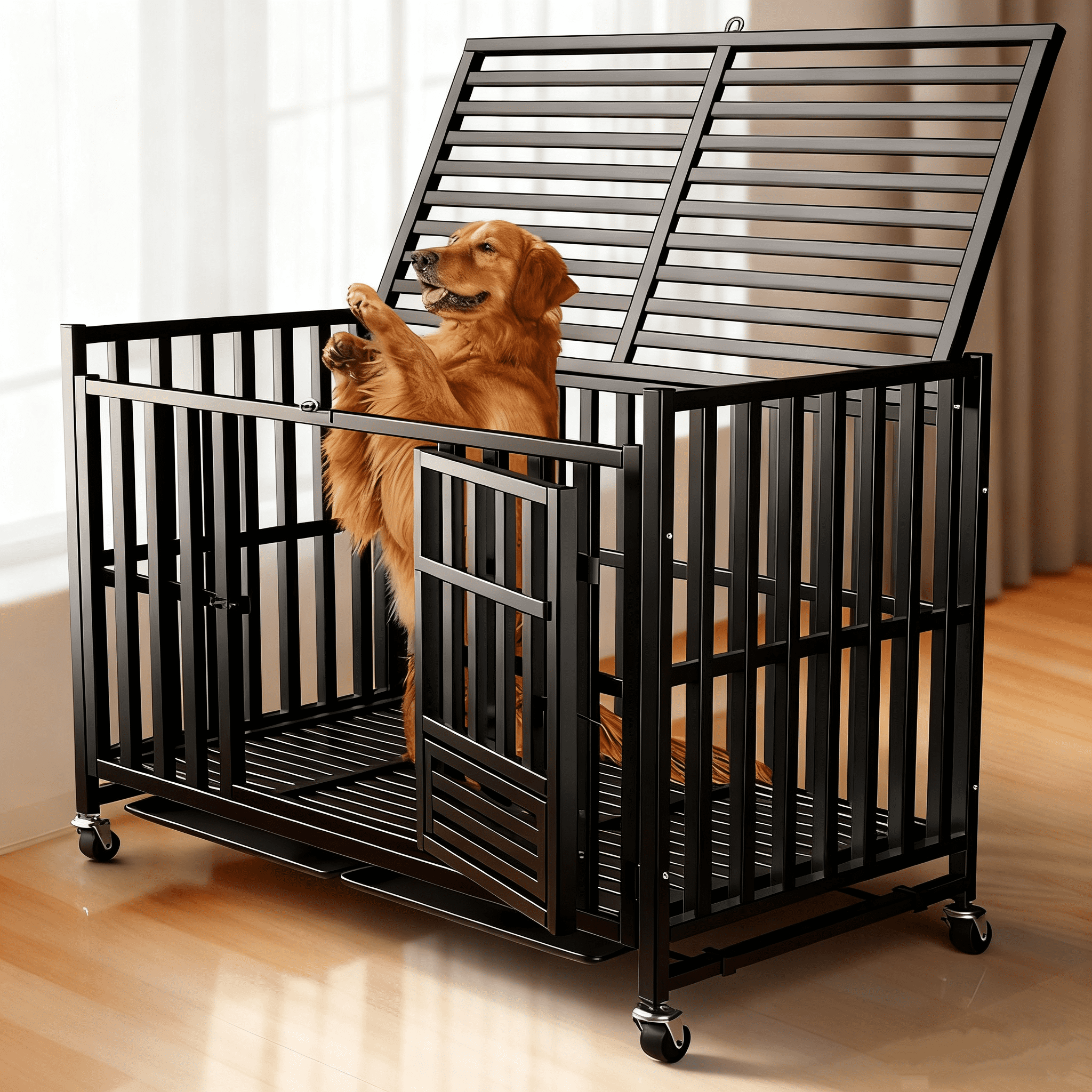 Indestructible Heavy Duty Dog Crate for Dogs, Escape-Proof Metal Kennel with Lockable Wheels & Removable Tray, Reinforced Steel Frame, Easy to Clean