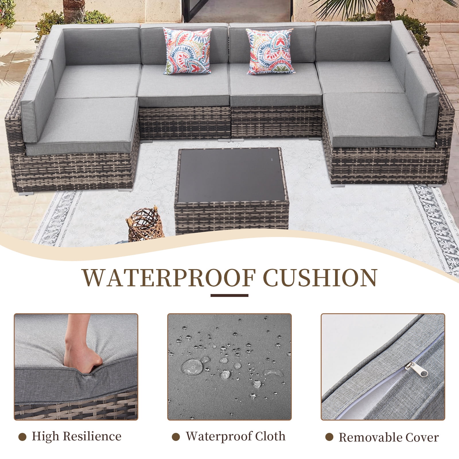 Capri PE Wicker Sectional Sofa Set, 6-Seat Outdoor Conversation Couch Set, 7 Pieces Rattan Patio Furniture Set for Porch Poolside Backyard, Quick Installation in 30 Mins, Brown