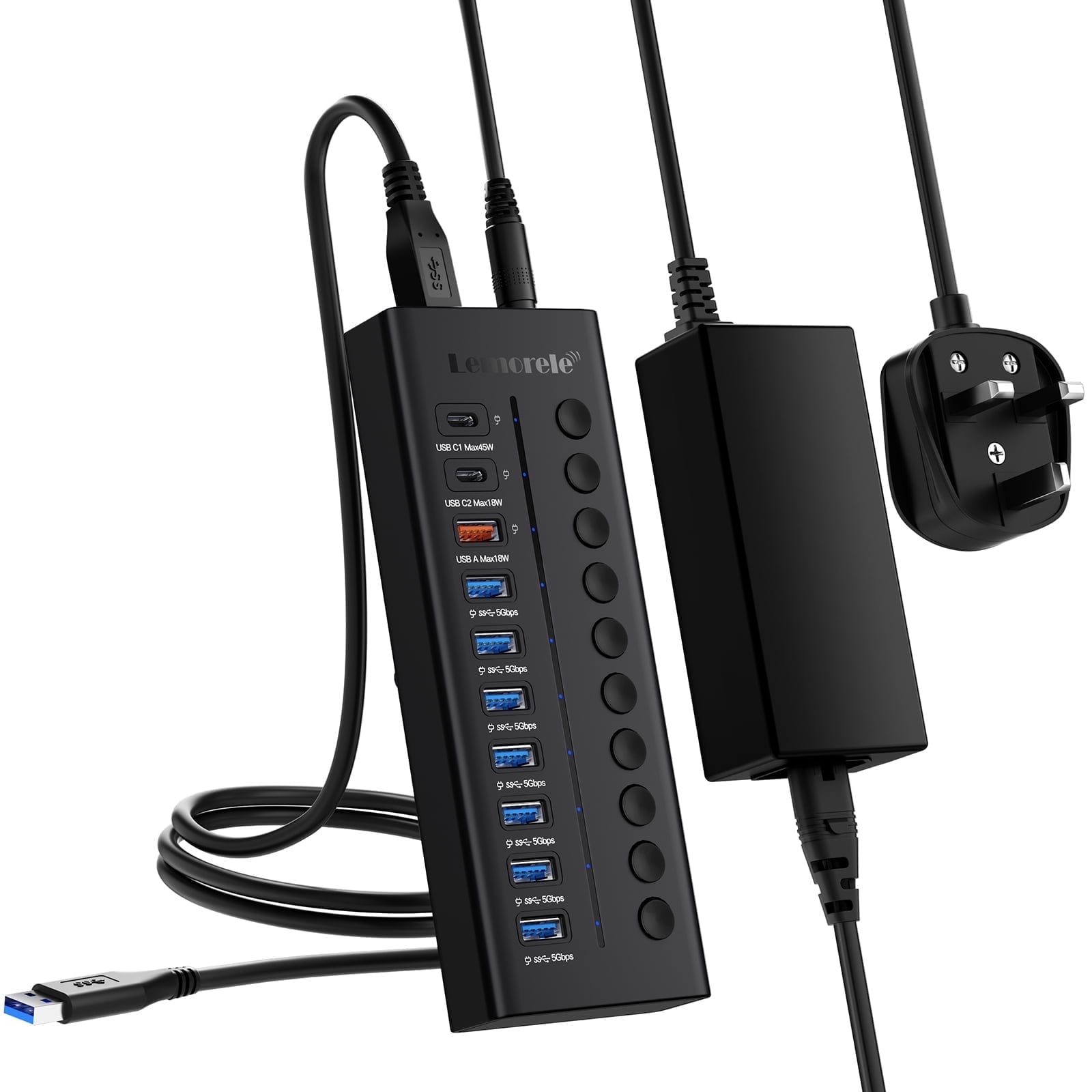 Lemorele 10-in-1 USB 3.0 Hub, 5Gbps Data Transfer Docking Station, 72w Fast Charging Dongle, Black