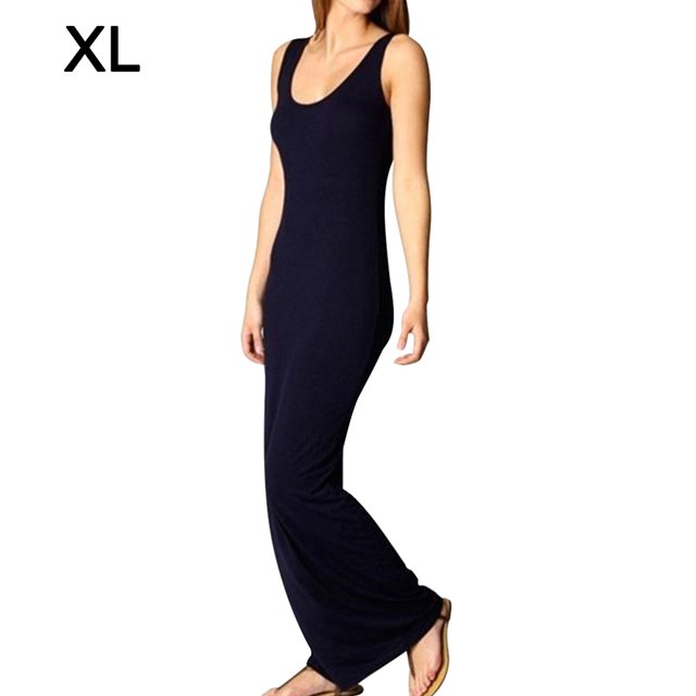 Femmes Robe de Couleur Unie Veste Longue Sans Manches Robe Maxi Slim, Bleu Marine, XL