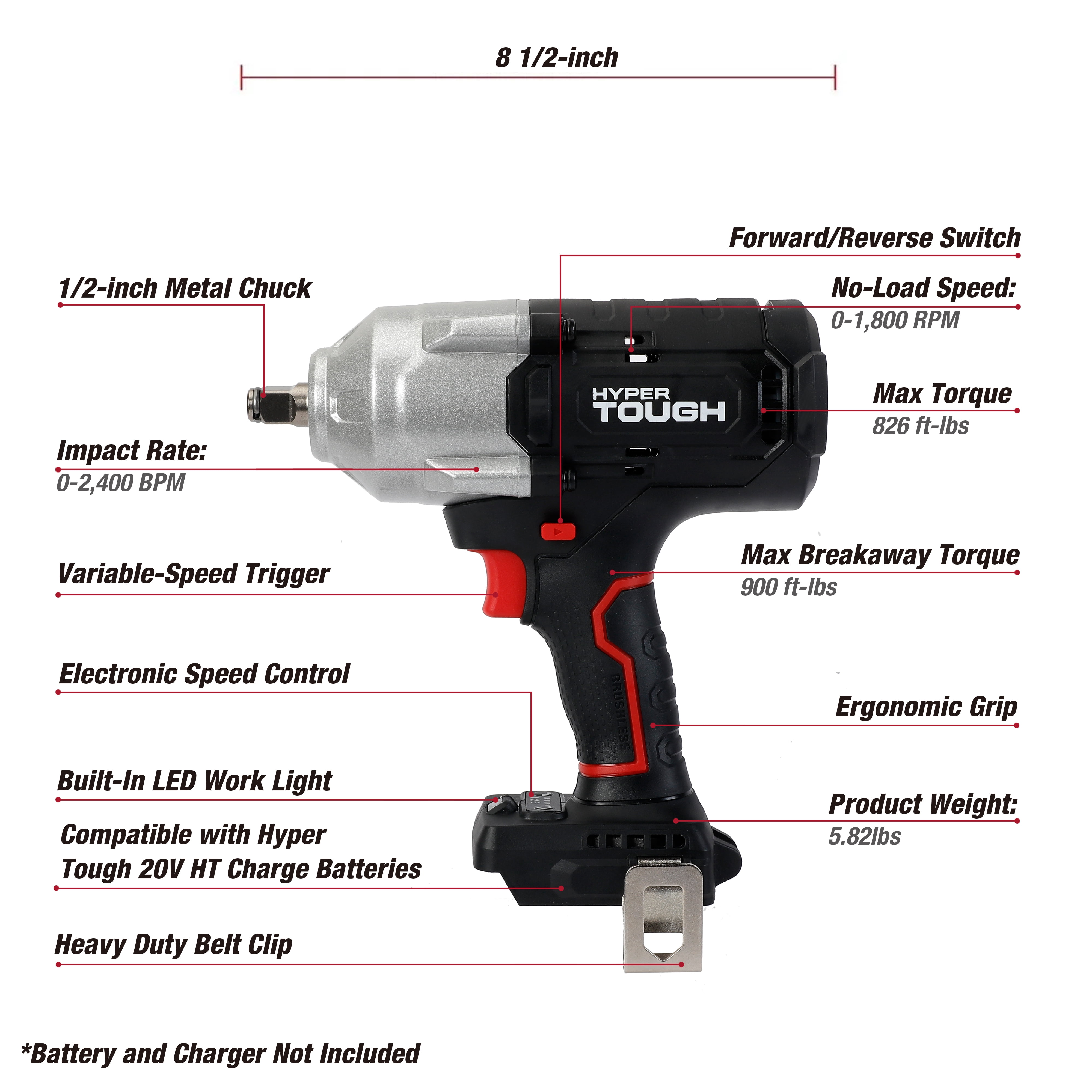 Hyper Tough 20V Max Brushless 1/2 in. High-Torque Cordless Impact Wrench, 900 ft.-lbs., Tool Only