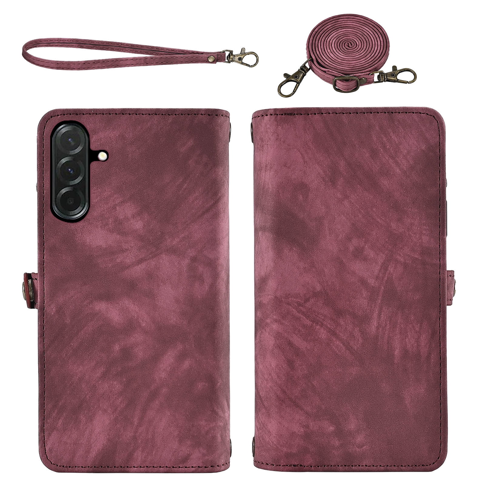 Asuwish Phone Case for Samsung Galaxy A36 5G Zipper Wallet Detachable Cell Cover with Tempered Glass Screen Protector Crossbody Lanyard Strap Flip Card Holder A 36 36A LTE SM-A366U Women Girls Red