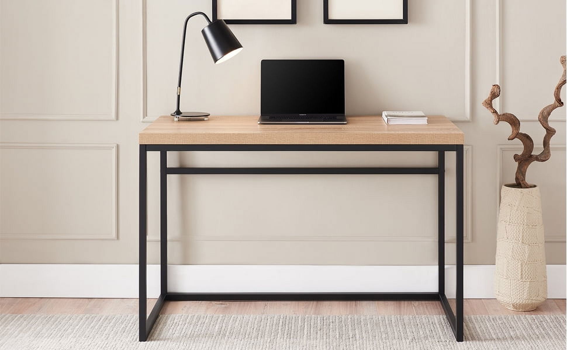 CENSI 47" Computer Desk, Modern Industrial Writing Table with 1.6" Thick Wood Top, Sturdy Metal Frame Home Office Workstation for Study, Bedroom & Living Room, Natural Oak