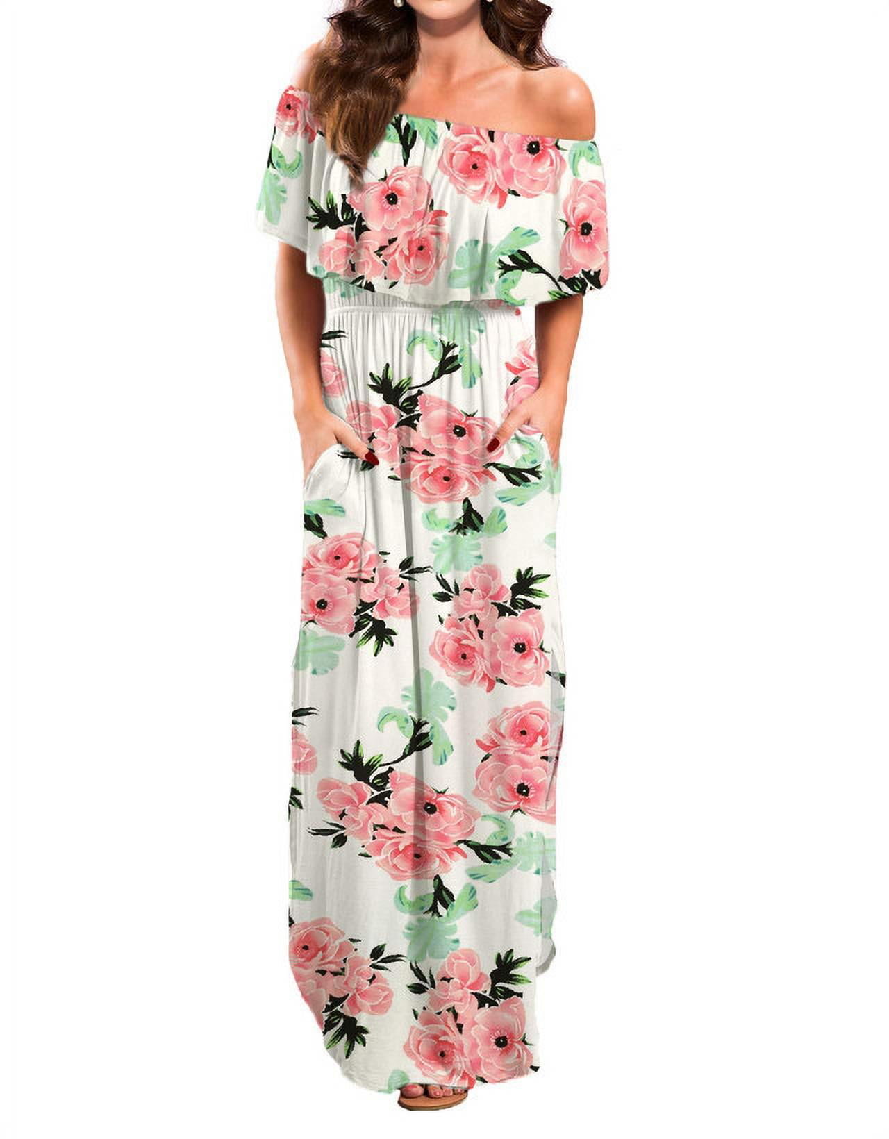 VERABENDI Women's Off Shoulder Summer Casual Long Ruffle Beach Maxi Dress with Pockets 