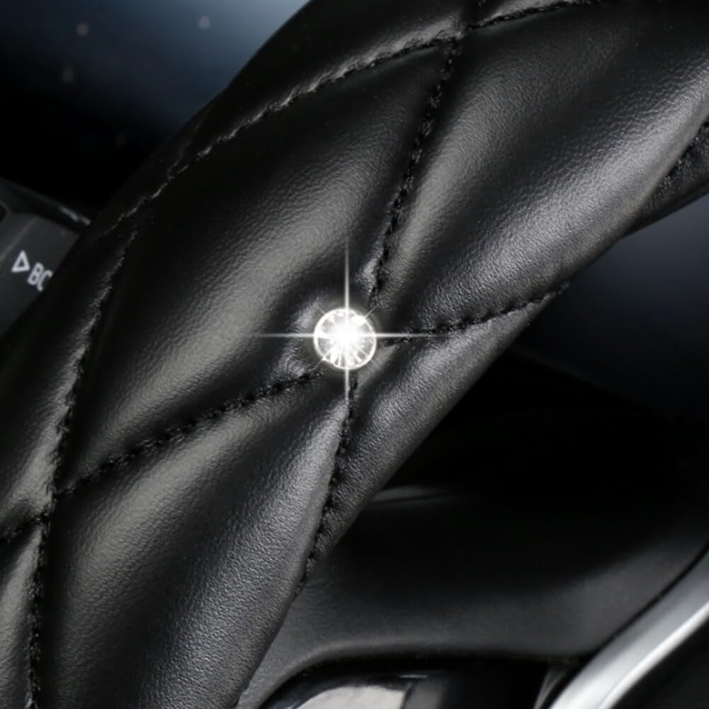15 Inches Non-Slip Diamond Steering Wheel Cover Bling Bling PU Leather Universal Car Steering Wheel Cover for Women with Diamond Crystal Women Car Interior