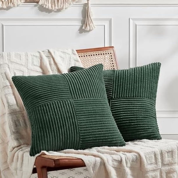 Chenchen Set of 2 Dark Green Decorative Throw Pillow Covers 22x22 Inch for Living Room Couch Bed, Boho Farmhouse Forest Green Home Decor, Soft Corss Corduroy Patchwork Textured Cushion Case