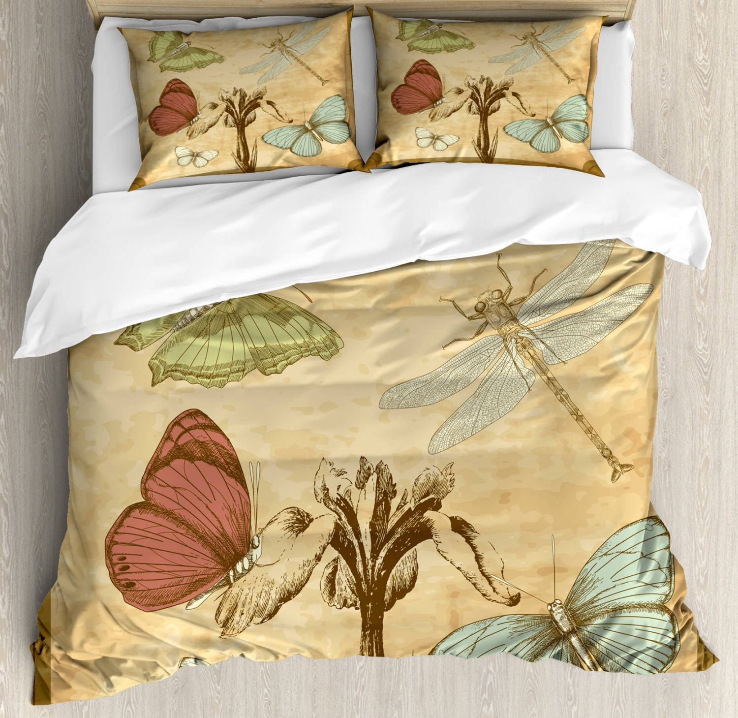 Dragonfly Duvet Cover Set, Retro Style Butterflies with Flower Petals