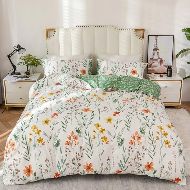 Garden Flower Duvet Cover Green Branch Leaves Bedding Set with Zipper