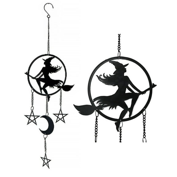Witch On Broomstick With Crescent Moon and Pentagram Stars Hanging Decoration