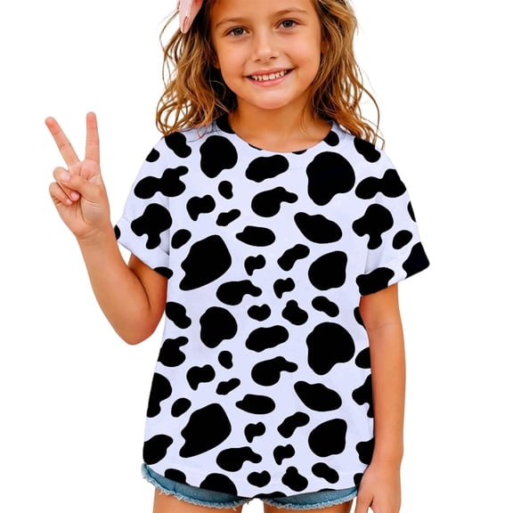 FYDUU Kids Cow Print Short Sleeve T-Shirt for Boys Girls Crewneck Casual Animal Print Tee Tops Summer Soft Breathable Graphic T Shirts 6-7 Years