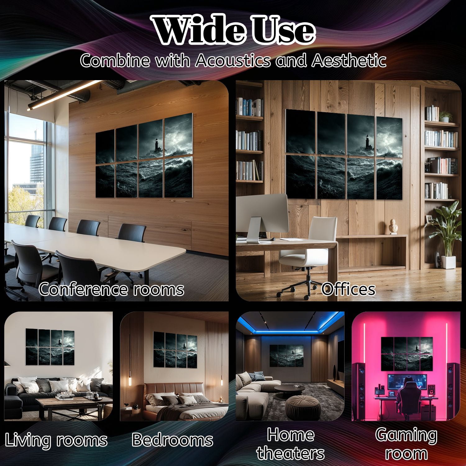 8 Pack Art Acoustic Panels Sound Absorbing Moody Lighthouse Scene Violent Waves Dark Storm Clouds Decorative Soundproof Wall Panels Self Adhesive for Nursery Game Room Bedroom 48"x32"