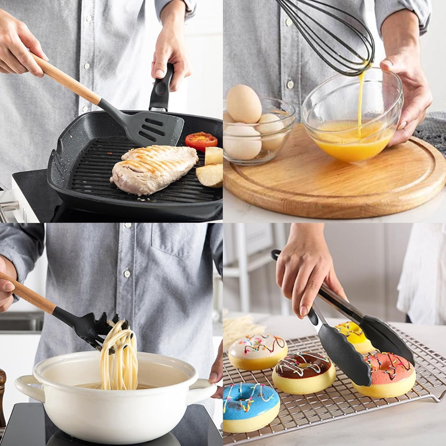 12-Piece Silicone Cooking Utensils Set with Wooden Handles, Heat Resistant Non-Stick Kitchen Gadgets (Black)