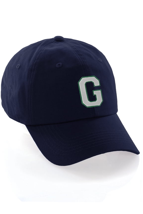 Customized Letter Intial Baseball Hat A to Z Team Colors, Navy Cap Green White Letter G