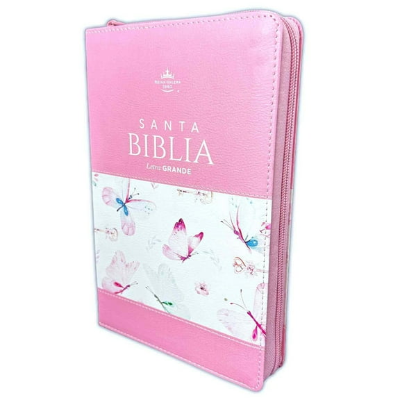 Biblia para Mujer Letra Grande 12 puntos con Cierre RV1960 rosada floral y mariposas con indice