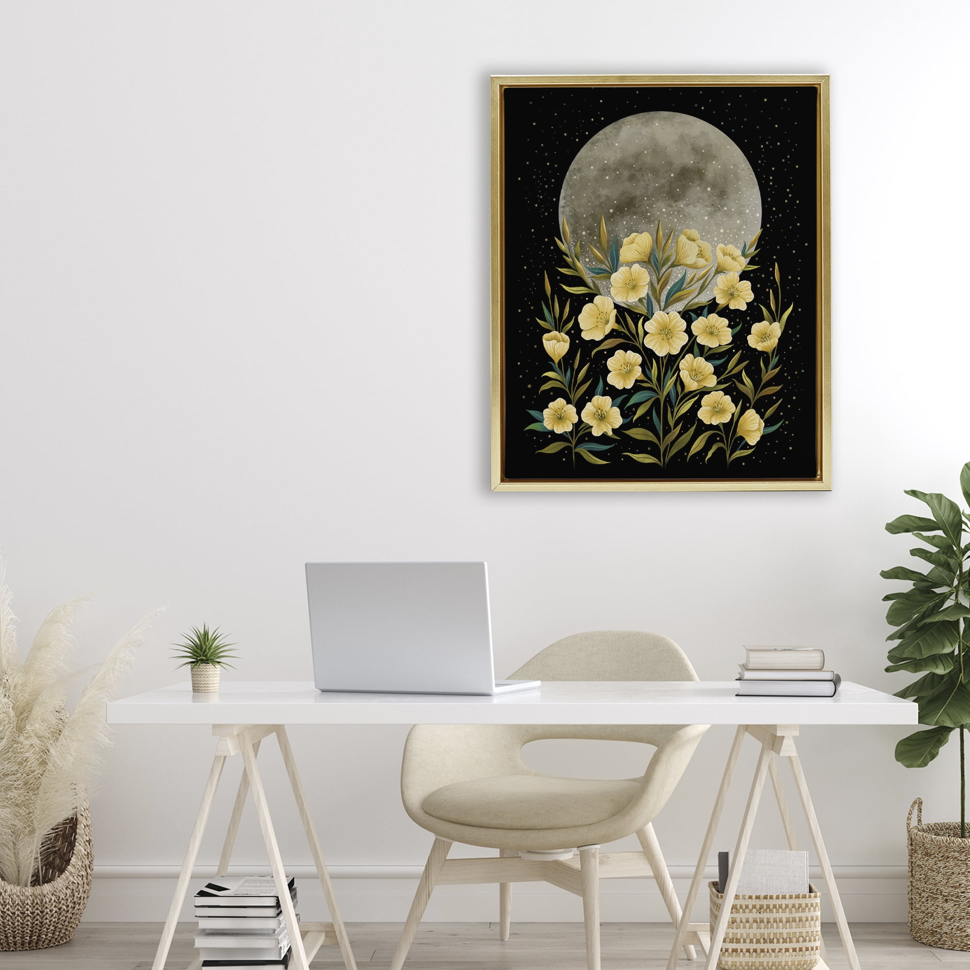 Stupell Industries Moon Greeting Yellow Flowers Gold Framed Floater Canvas Wall Art, design by Episodic Drawings