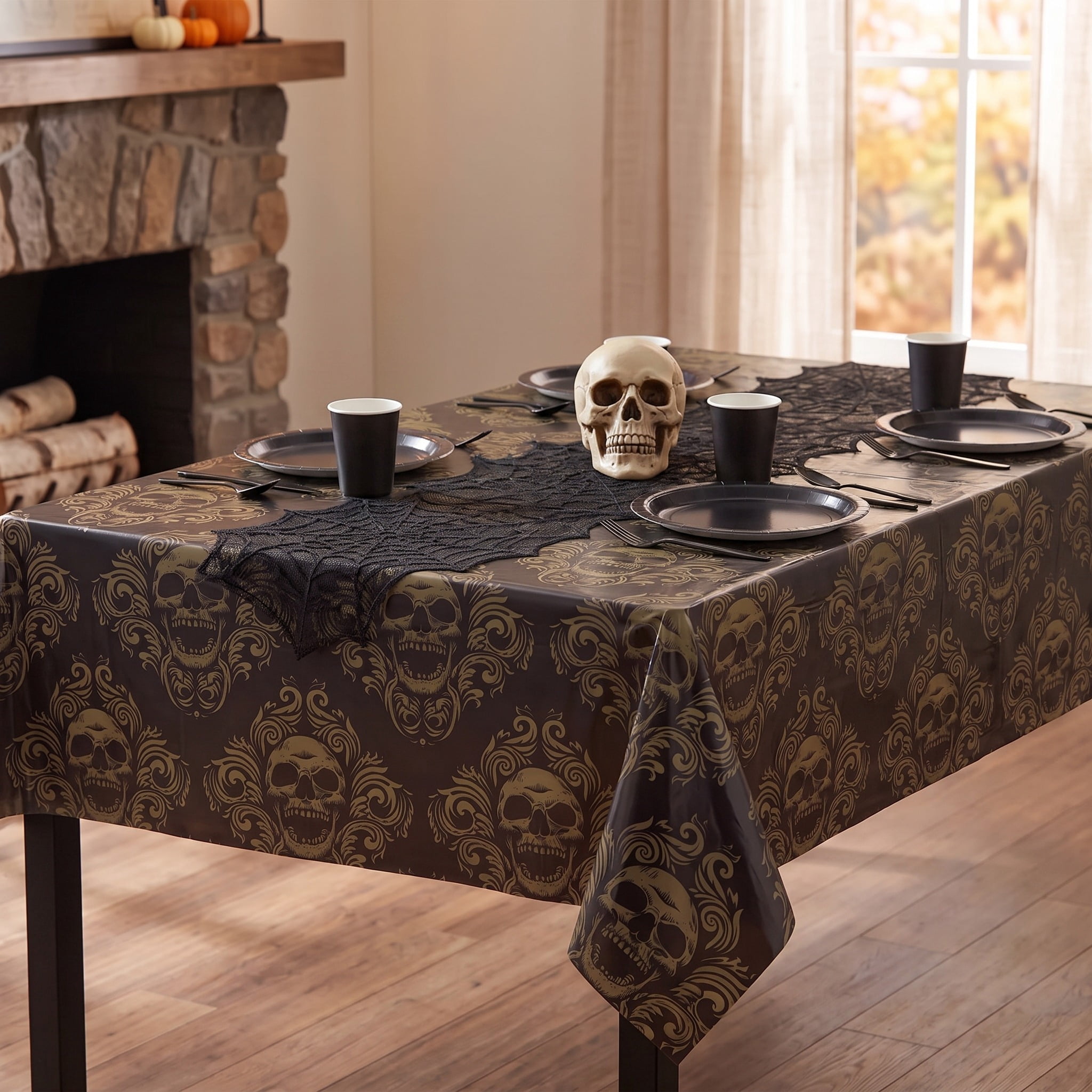 Skull Tablecloth, Black and Gold, 54" x 84", Halloween by Way To Celebrate