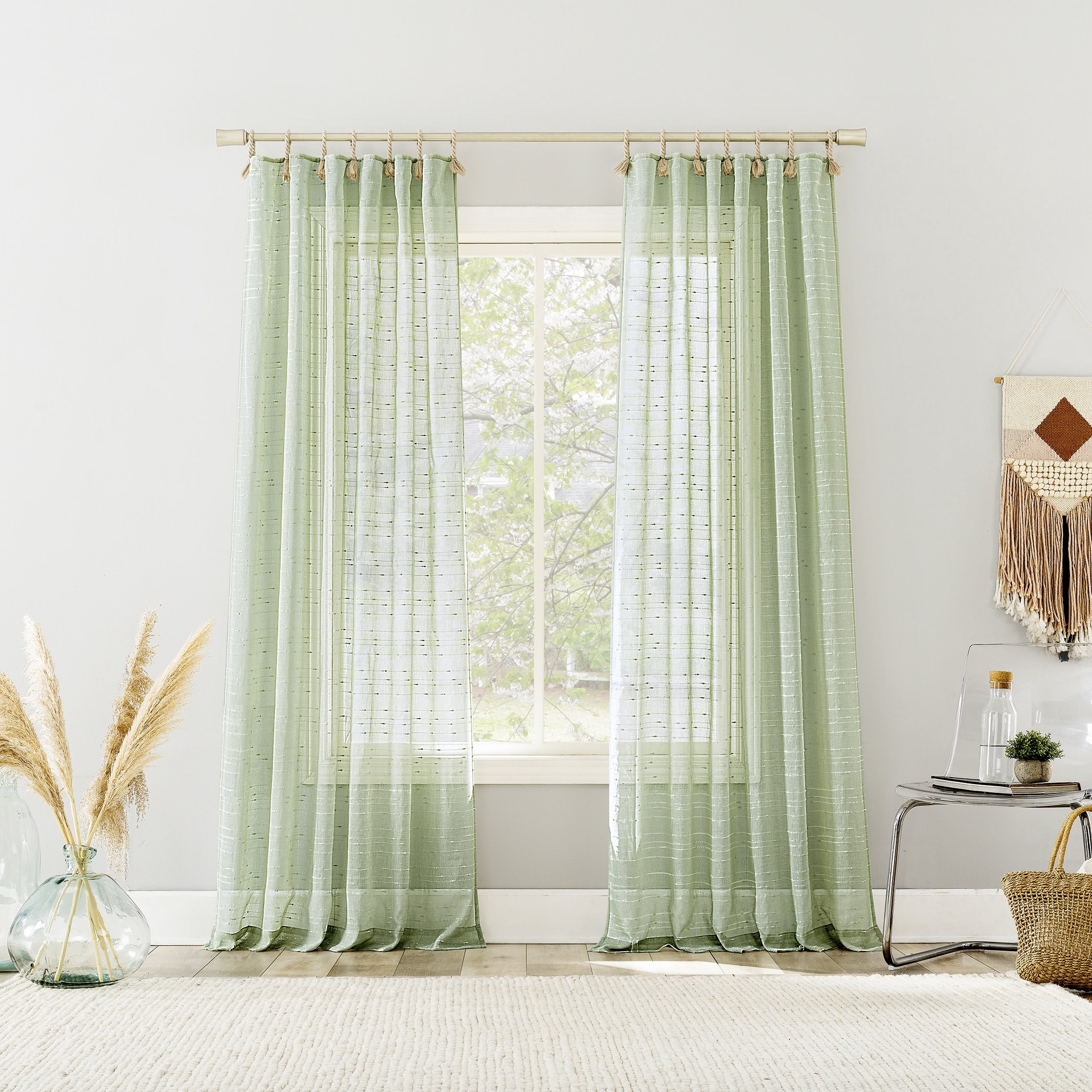 No. 918 Noemi Slub Stripe Rope Tab Semi-Sheer Curtain Panel, 1-Piece Tab Top Indoor Window Panel, 50”x96", Sage Green