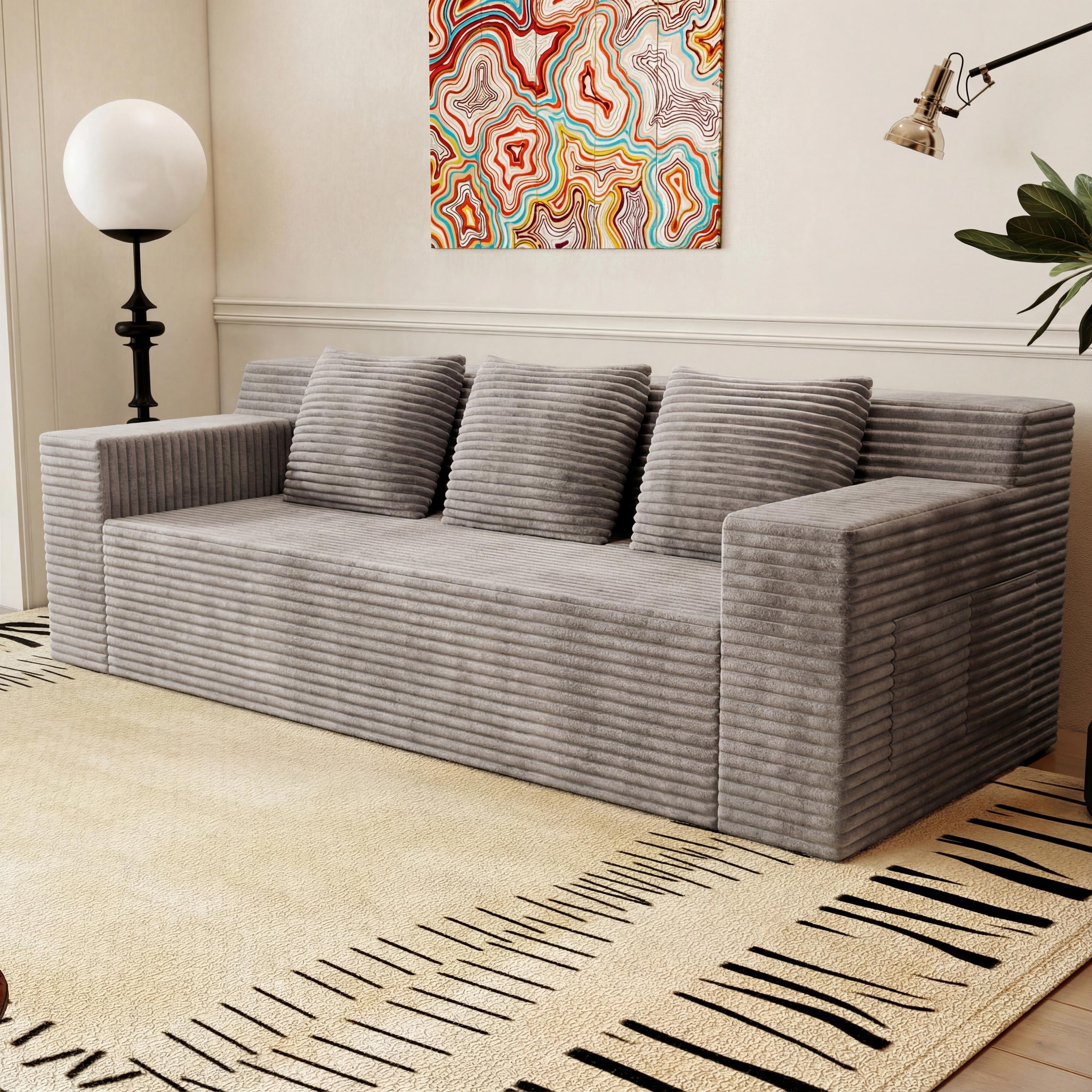 HSUNNS 71" 3 Setaser Sofa, Comfy Extra Deep Seat 3 Seater Couch for Living Room with Soft Upholstered and Side Pockets, Free 3 Pillows, No Assembly Required, Grey