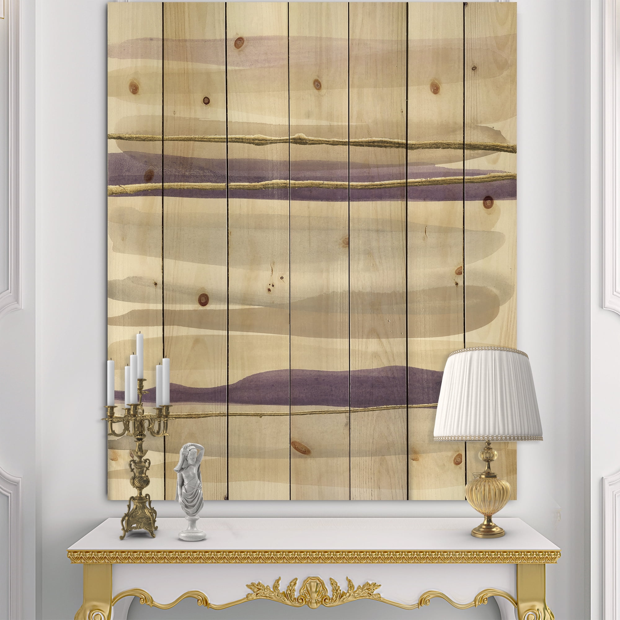 Designart 'Abstract Shape of Glam Purple' Shabby Chic Print on Natural Pine Wood