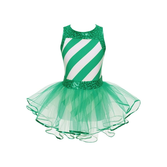 inhzoy Kids Girls Christmas Dance Dress Sequins Striped Ballet Figure Skating Tutu Dress Green 12