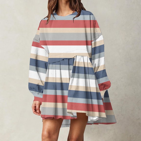 up to 60% off Gifts Usmixi Womens Dresses Womens Tunic Tshirt Short Dresses Fall Winter Long Sleeve Round Neck Mini Dress Fashion Striped Print Loose Flowy Pleated Swing Dress Weekly