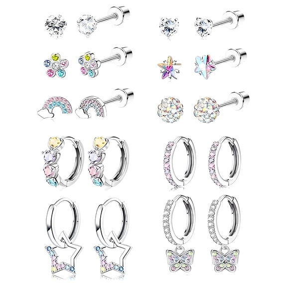 DESIGNICE 10 Pairs Flatback Stud Earrings for Women,No Tarnish Cartilage Earrings for Women,316L Surgical Steel Hypoallergenic Earrings for Sensitive Ears Women,AB