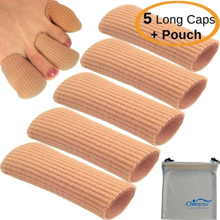 Chiroplax Gel Finger Toe Cap Sleeve (5 Long Caps+ 1 Pouch), Toe Protector Tube, Soft Fabric with Silicone Lining for Bunion, Hammer Toe, Callus, Corn, Blister (Medium)
