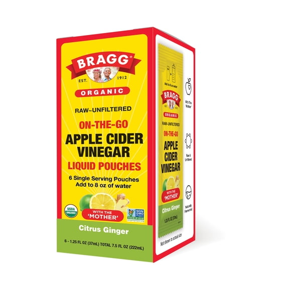 Bragg Organic Apple Cider Vinegar Citrus Ginger Pouches, 1.25 fl oz, 6 Pack