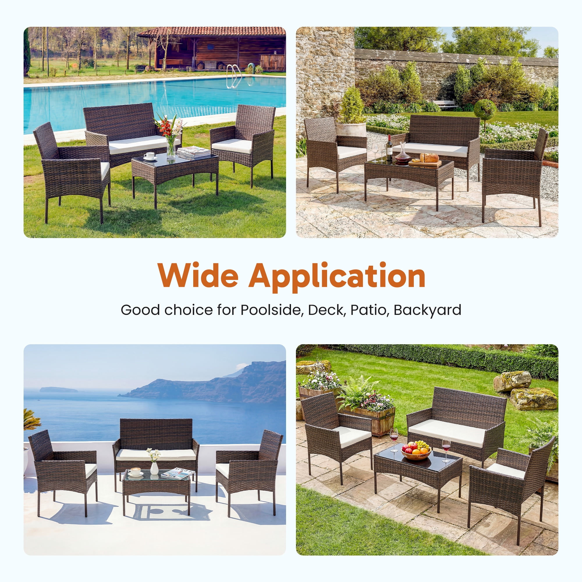 EDX 4 Piece Patio Furniture Set, All-Weather PE Rattan Conversation Set with Black Tempered Glass Coffee Table, Washable Cushions, for Porch Garden Backyard, Brown/Beige