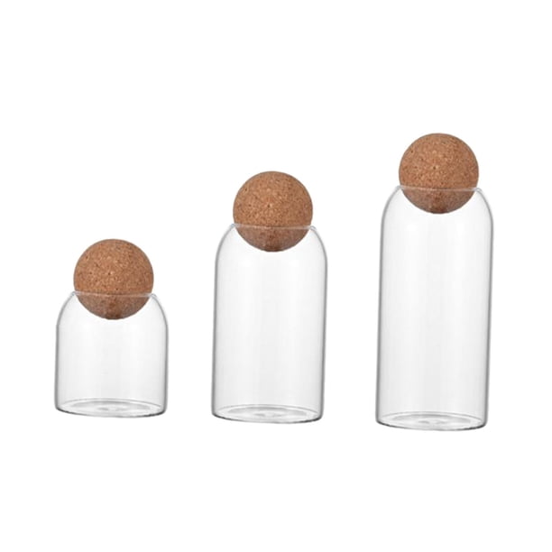 3 recipientes de vidrio para almacenamiento, bote de cocina, tarro de comida reutilizable multiusos con tapa de corcho en forma de bola, frascos de Liso