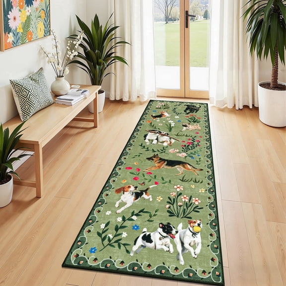 MJIAexp 2'x6' Jute Animal Dog Floral Kitchen Runner Rug,Woven Texture Machine Washable Runner Rug Non-Slip Rubberback Hallway Runner Laundry Rug Throw Carpet for Living Room Bedroom Dining Room Entry