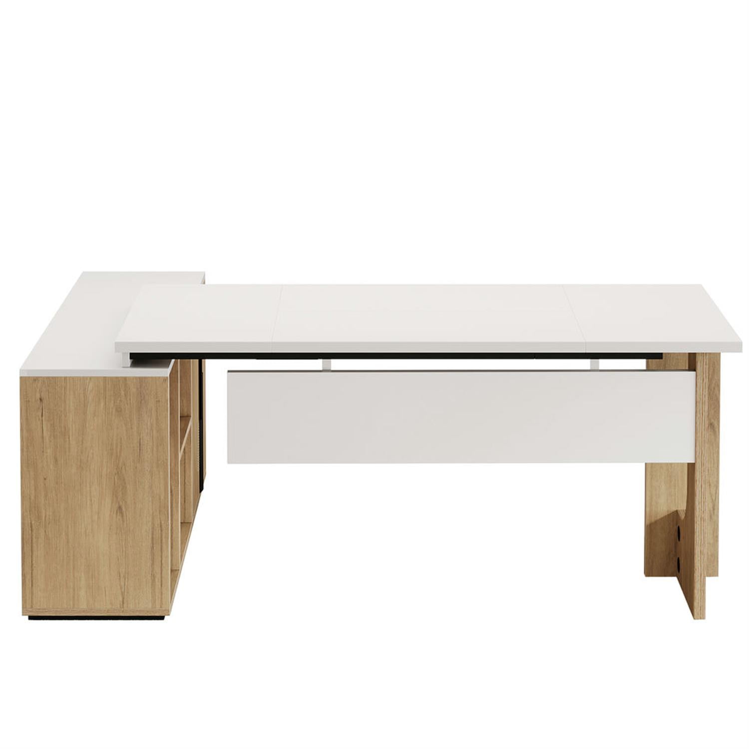 Demi Bonn Modern L Shaped Gaming Computer Desk, 74" Corner Executive Desk with Storage Cabinet for Home Office, White