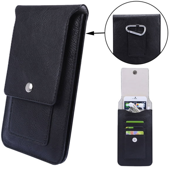 Professional Vegan Leather Vertical Smartphone Holster Wallet (Black) with Belt Loop, Removable Carabiner, Card Slots - fits Smartphones up to 6.5-inch iPhone XR/XS Max/XS/X/8  Galaxy S10 /S9 Note 9/8
