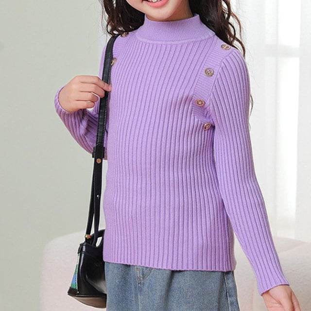 LWFFDAW Girl's Mock Turtleneck Tops Solid Color Ribbed Knit Long Sleeve Shirts Soft Stretch Slim Fitted Tops Trendy Button Pullover Tops Purple Size 150