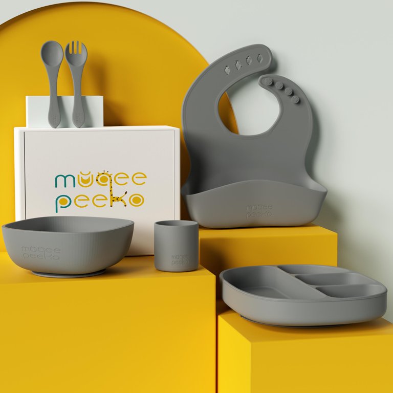 Muqee Peeko Pebble Grey Baby Feeding Supplies - Toddler Self-Eating Plate  Set with Utensils - Suction Divided Plate, Food Bowl, Spoon, Fork -  Silicone