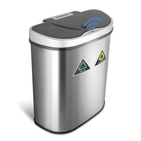 Nine Stars Dual Compartment Automatic Trash Can, 18.5 Gallon Stainless Steel, Motion Sensor Soft Close Lid Garbage Recycle Bin, Silver