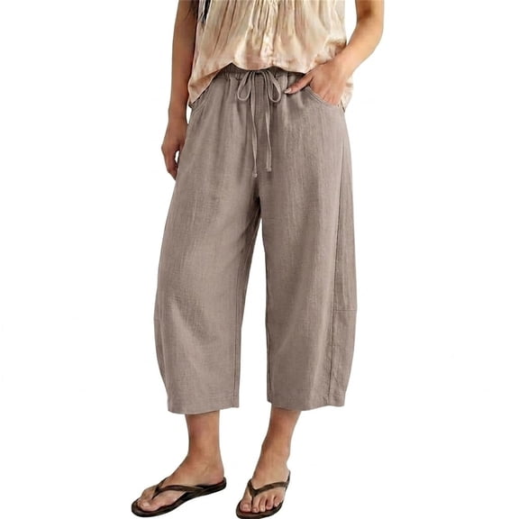 Cropped Linen Barrel Pants for Women Drawstring Wide Leg Cotton Capris 2026 Casual Summer Boho Baggy Palazzo Trouser Khaki 2XL