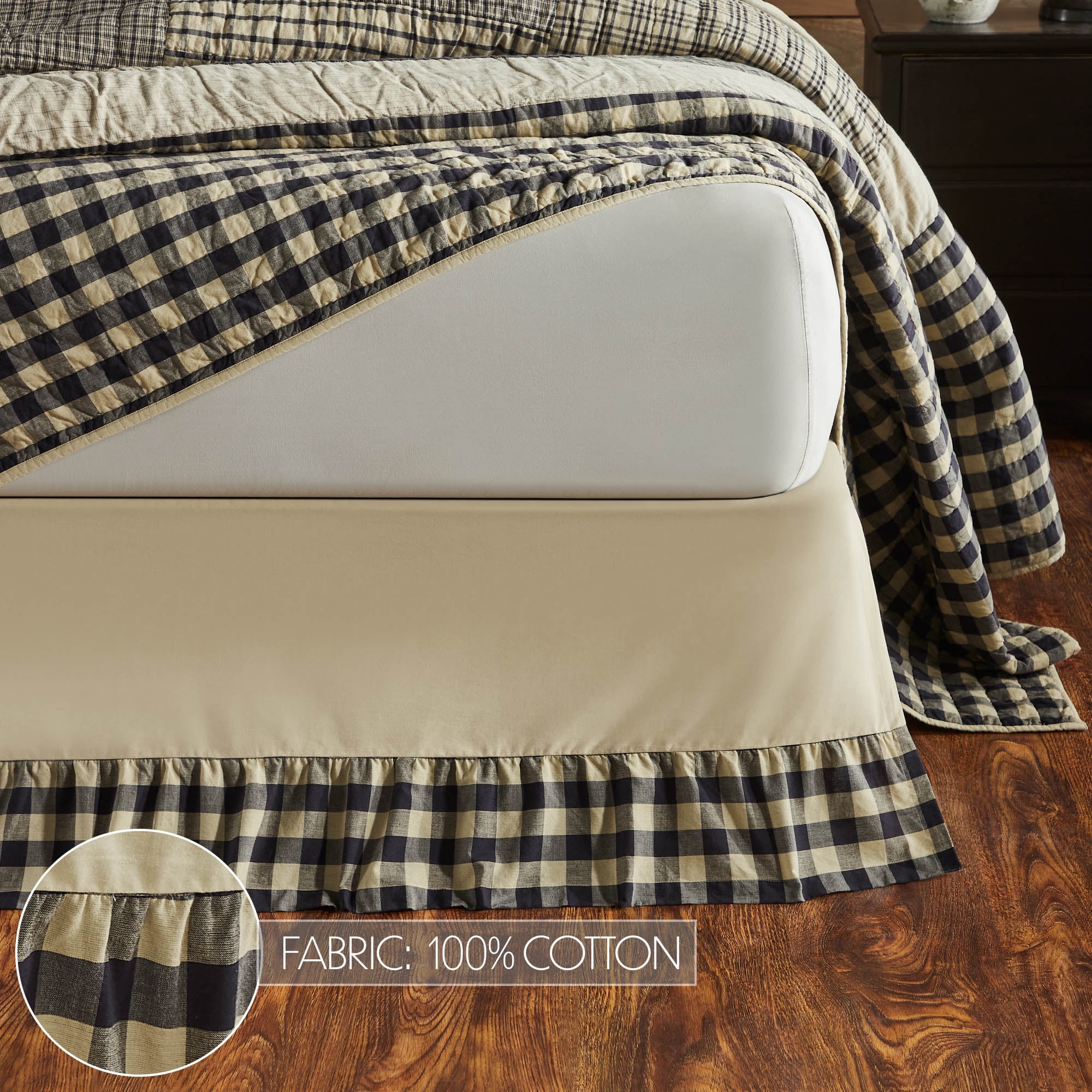 VHC Brands My Country Farmhouse Bedding for Bedroom Dust Ruffle Gathered Checkered Queen Size Bed Skirt, Tan Navy