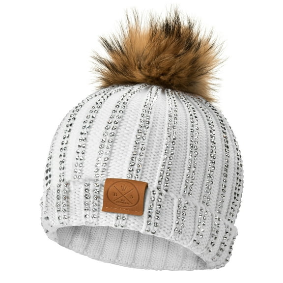 Be Sparkle Rhinestone Pom-Pom Beanie Hat for Women, Winter Accessories Adult (White)